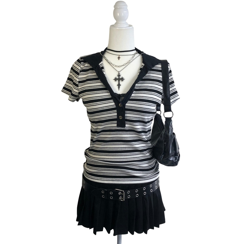 Anthropologie tla 2010s Striped Ribbed Henley Polo Top Black White Y2K Womens S